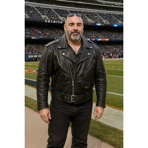 Wilsons Leather Moto Mens Large Black Belted Leather Motorcycle Jacket L